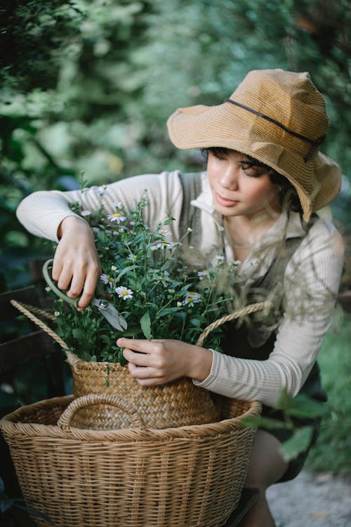 Ethnic gardener cutting stem of flowering plant in straw basket