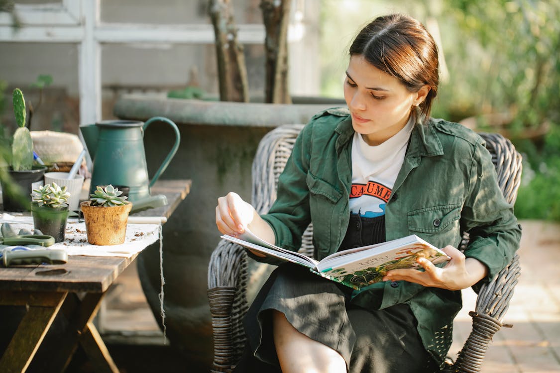 Free Gardener reading book in armchair near plants in pots Stock Photo