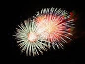 夜空中绽放着明亮的烟花，展现出喜庆而丰富多彩的庆祝活动