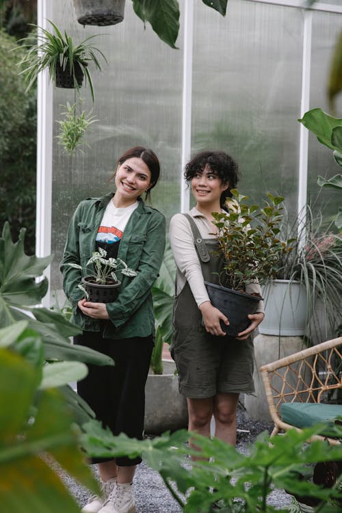 Happy multiethnic female gardeners in casual clothes standing with verdant potted plants in hands while working together in hothouse