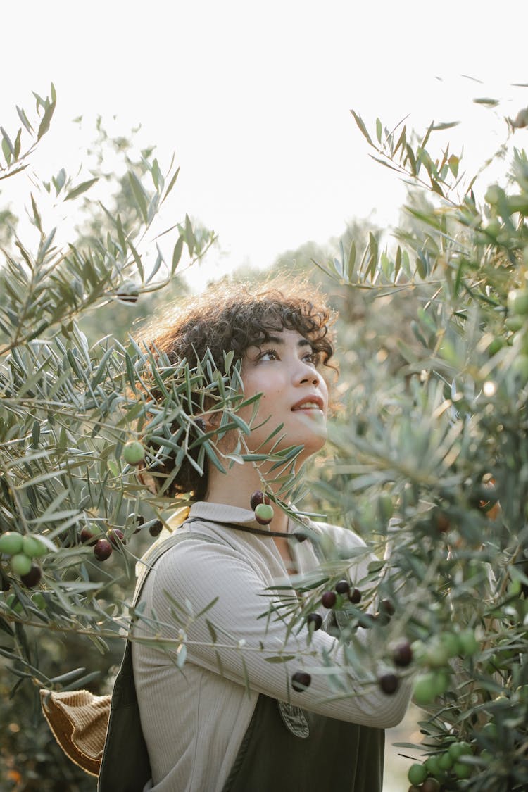 Dreamy Ethnic Gardener Near Olive Tree