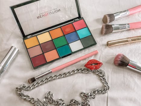 From above of colorful professional makeup palettes arranged with different brushes for visage near stylish accessory