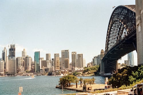 Free Bridge Leading to City Downtown Stock Photo