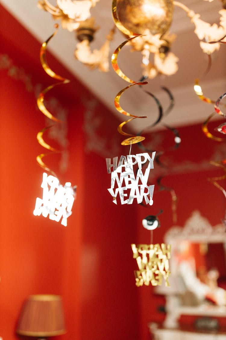 Happy New Year Hanging Decorations Inside A Room