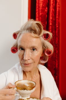 A sophisticated elderly woman with hair rollers enjoying a cup of coffee indoors.