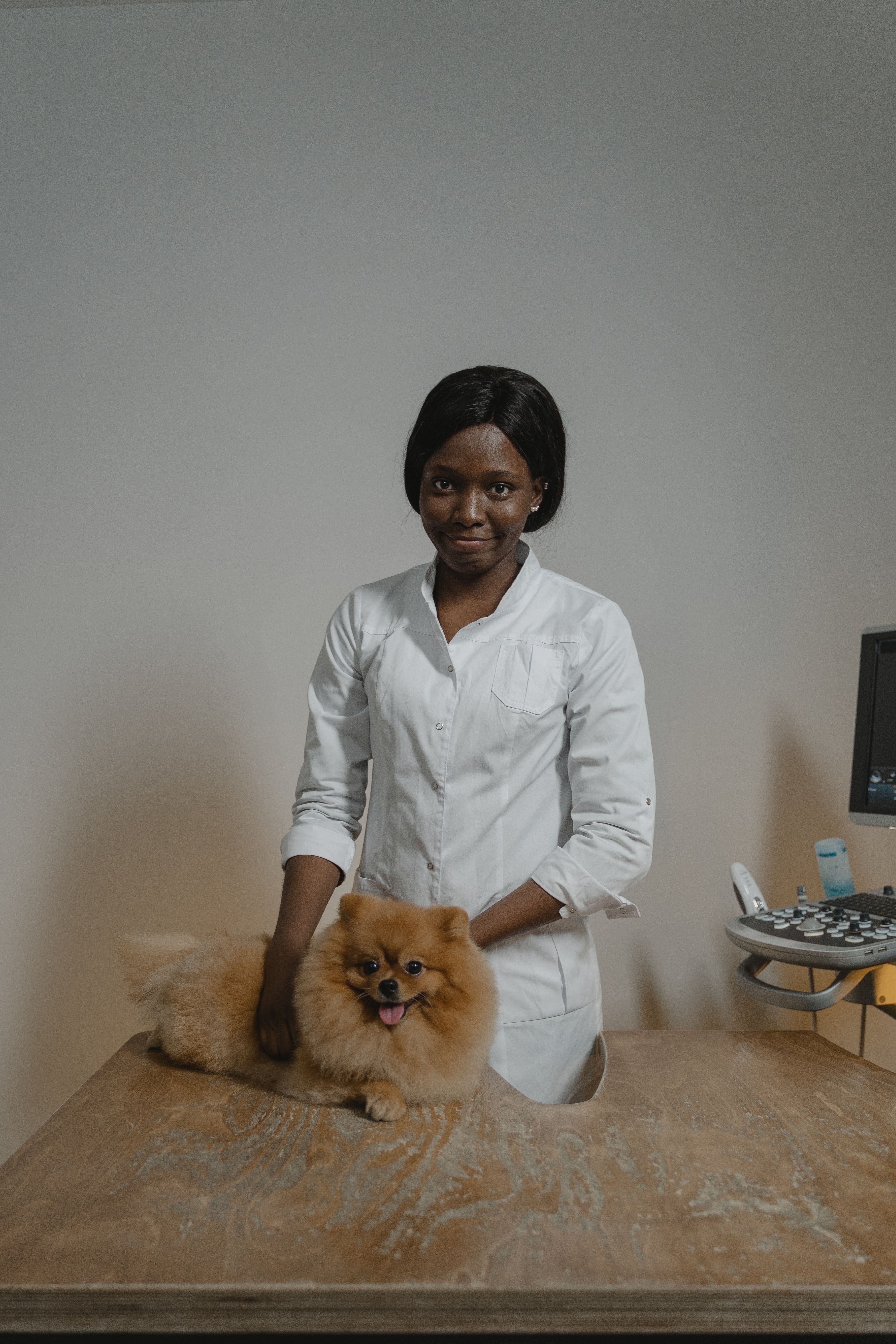 Dr. Whitfield with a Pomeranian on the exam table