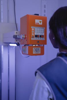 Female radiology technician adjusting settings on an X-ray machine in a medical facility.