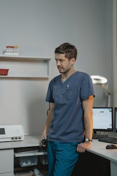 Medical professional in scrubs standing in a clinic office with computers and lab equipment.