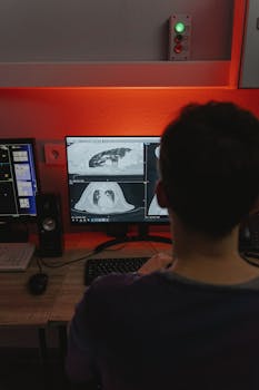 A medical professional studies CT scans on multiple monitors in a dimly lit medical office.