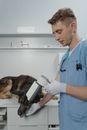 A Veterinarian Using  a Medical Equipment