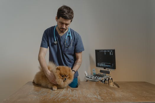 A veterinarian examines a Pomeranian dog using medical equipment in a clinic.
