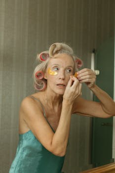 Elderly woman applies skincare patches with hair in curlers indoors.