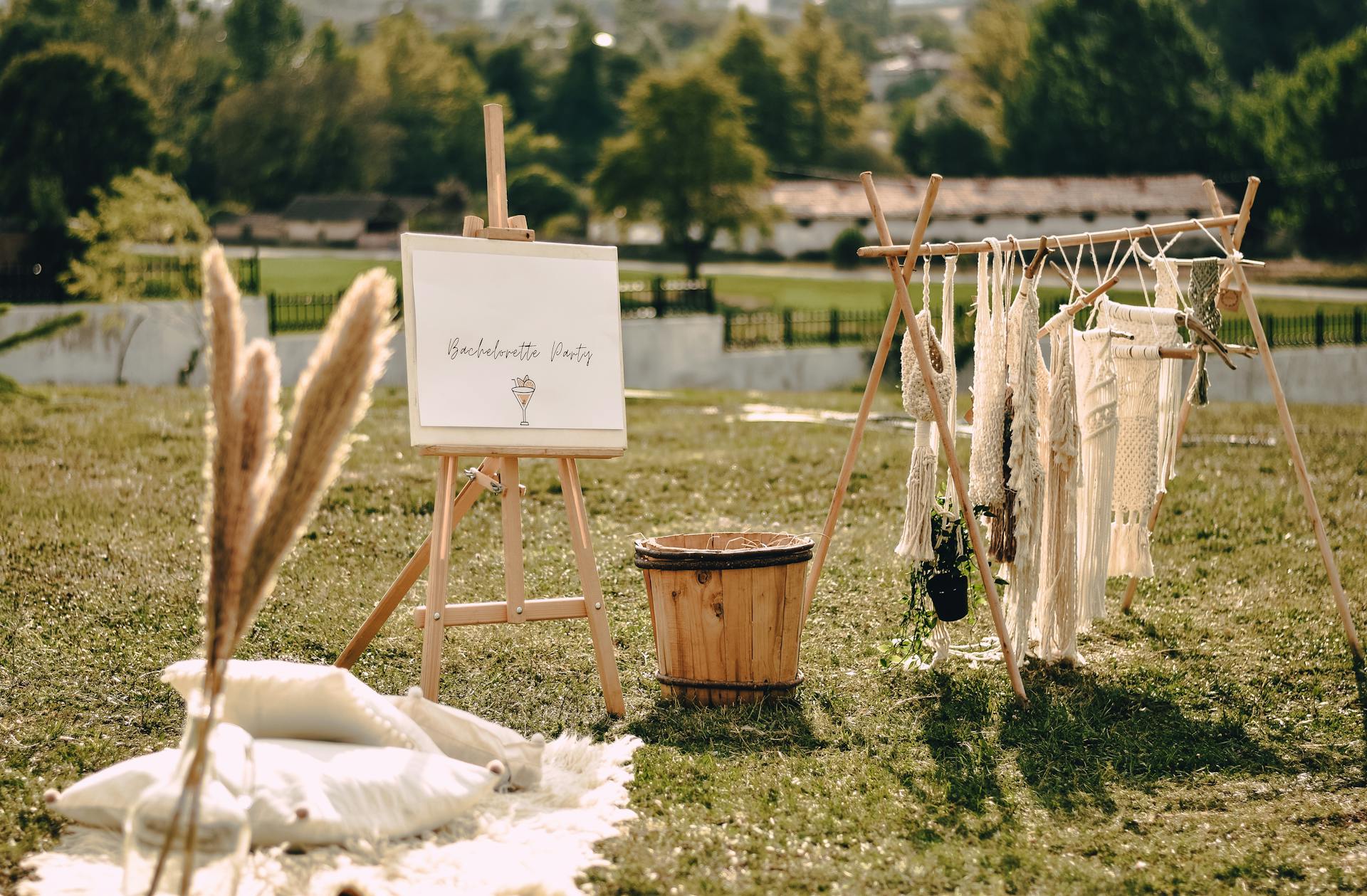 Boho-themed outdoor bachelorette party setup with decor in a scenic park.