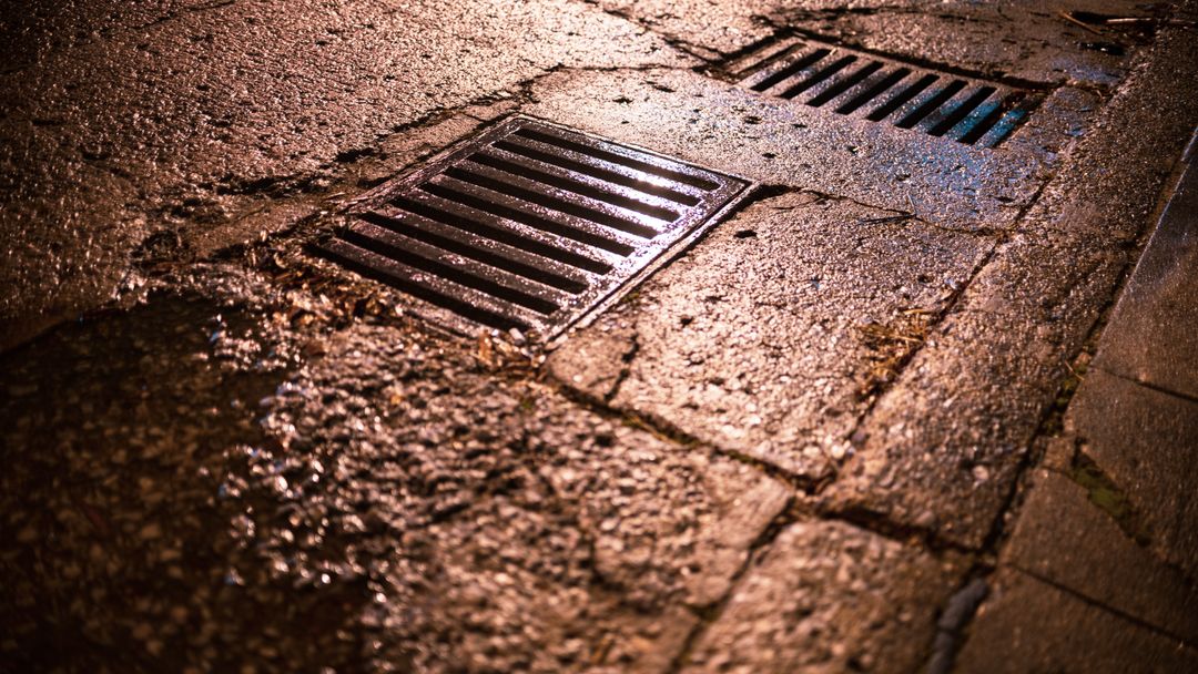 Storm drainage grates in a flooded street surface after heavy water
