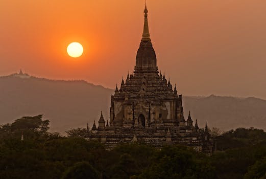 Captivating sunset view of Ananda Temple in Bagan, Myanmar, highlighting its architectural beauty.