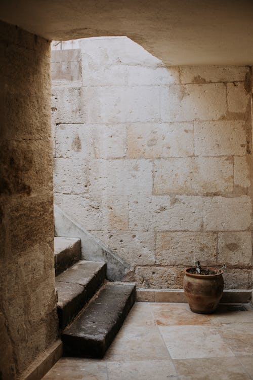 Aged house with shabby stone walls and clay pot placed near concrete steps at entrance of building in old town