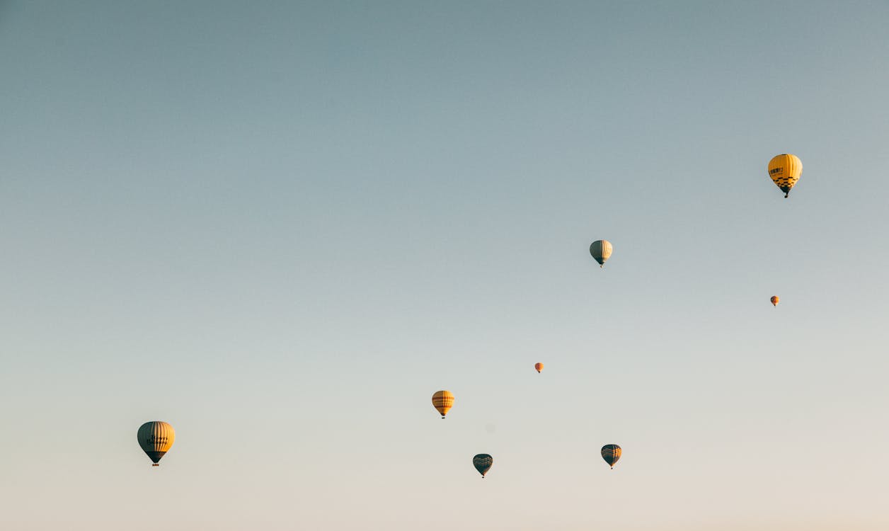 Free Colorful air balloons flying in cloudless sky Stock Photo