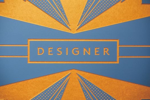 Geometric art print with a blue and orange 'DESIGNER' theme for artistic inspiration.