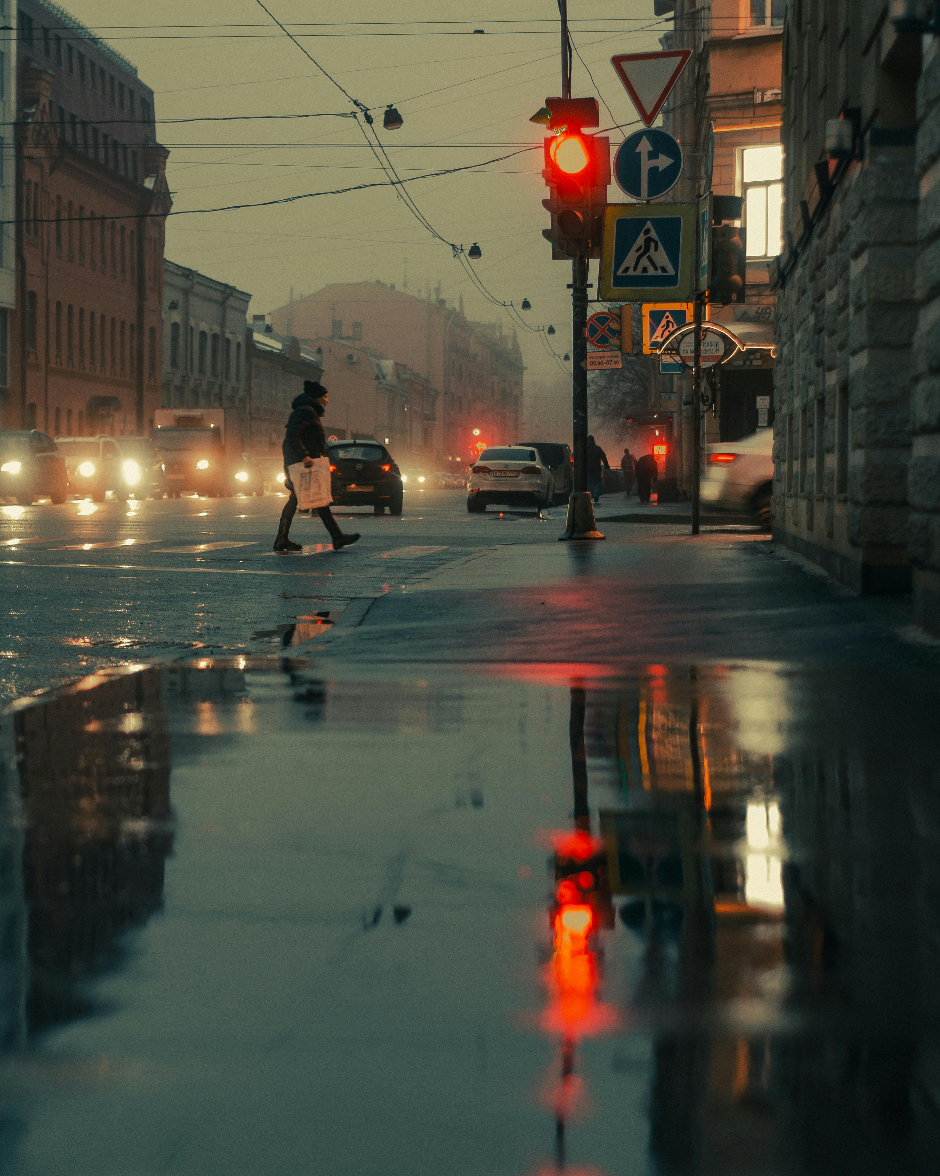 anonymous person strolling on crosswalk in city in foggy evening