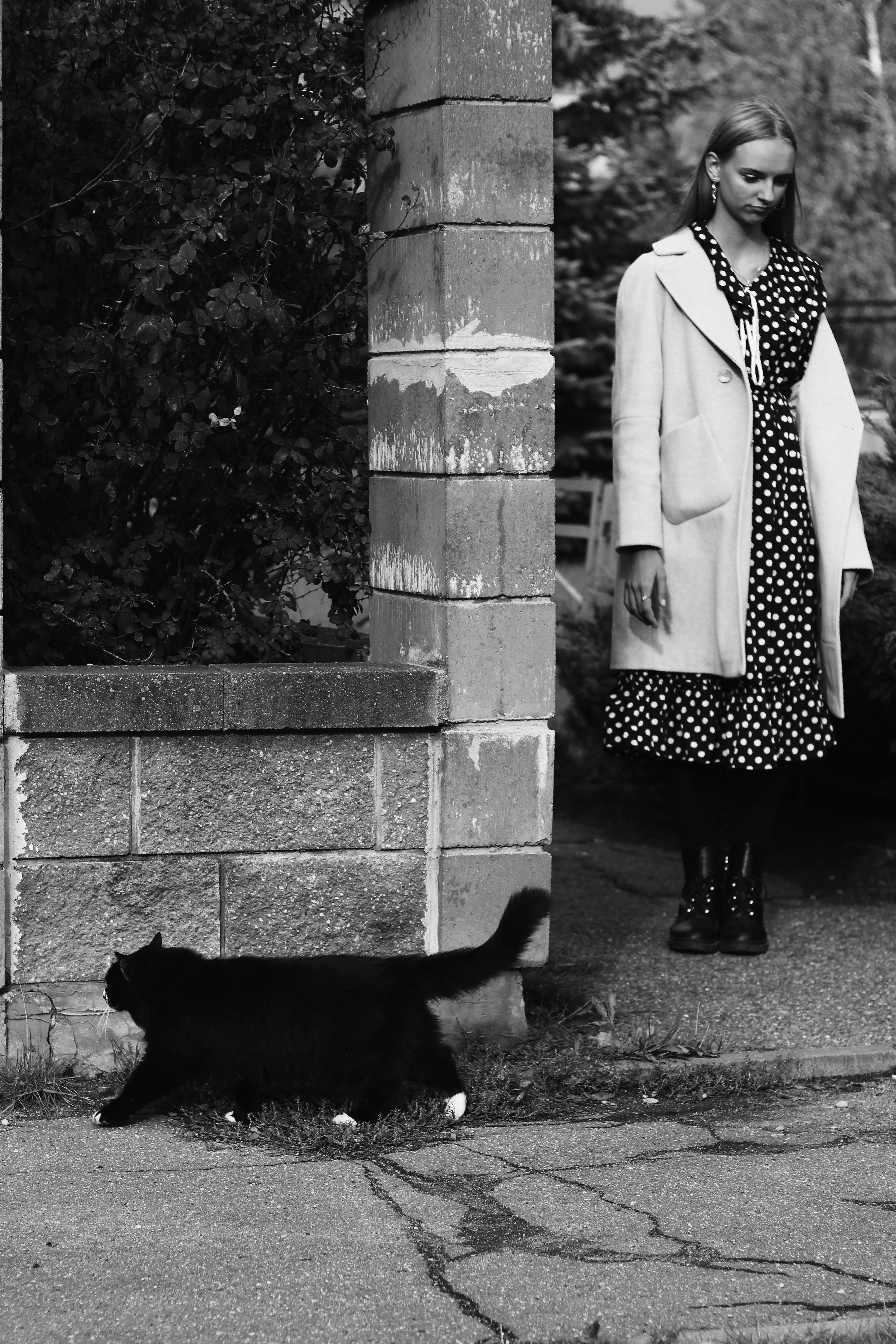 Monochrome photo of a woman in polka dot dress watching a black cat outside.