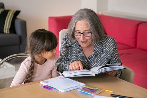 Grandmother Helping her Grandchildren with her Studies