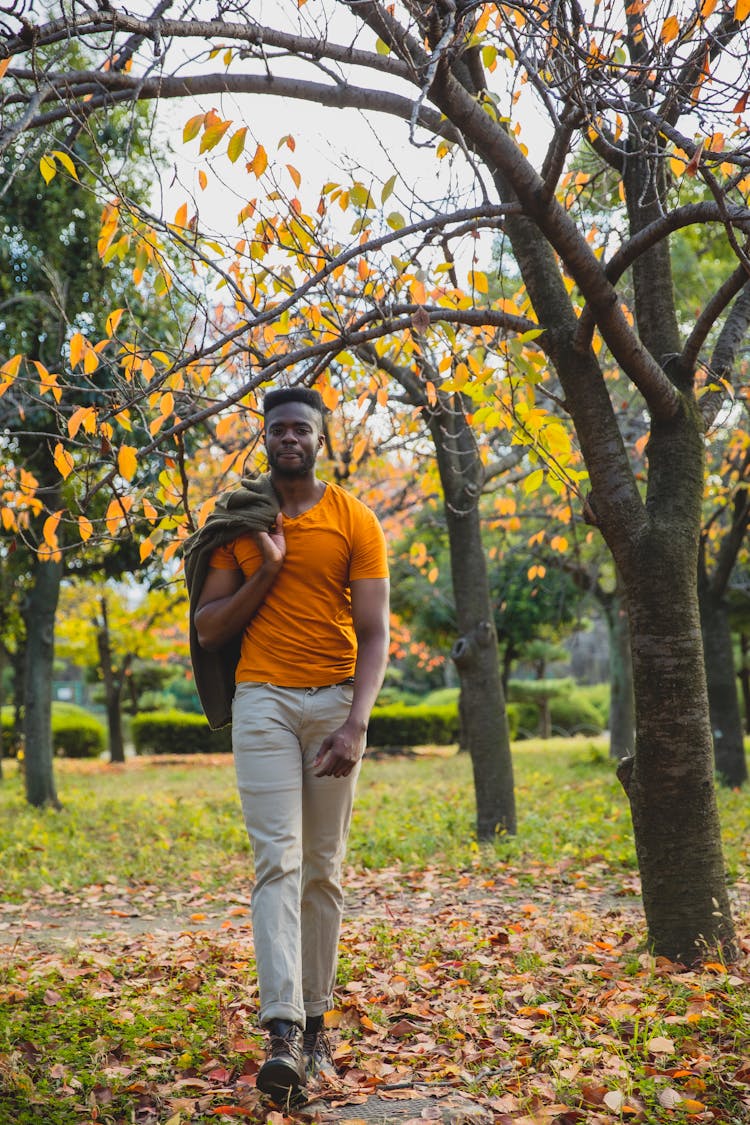 Self Esteem Young Ethnic Man Walking In Autumn Park In Daylight