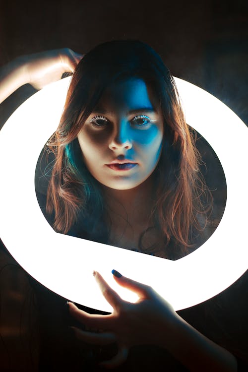 Close-Up Shot of a Woman Holding a Ring Light