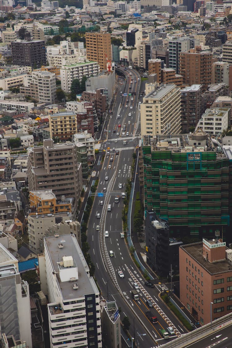 Large Modern City With Tall Houses And Long Asphalt Road