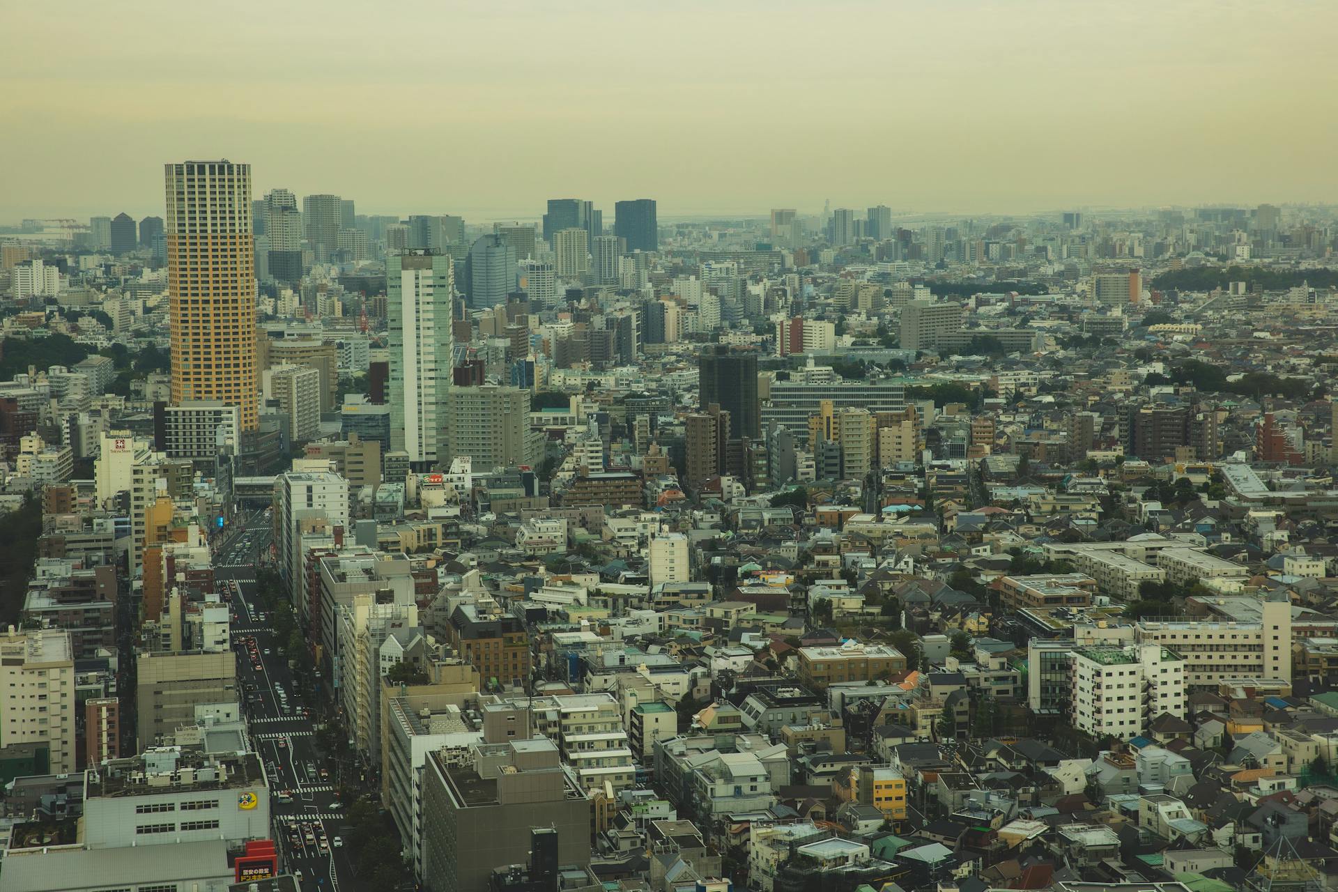 Drone view of tall dense contemporary houses of big city under smog and cloudy sky