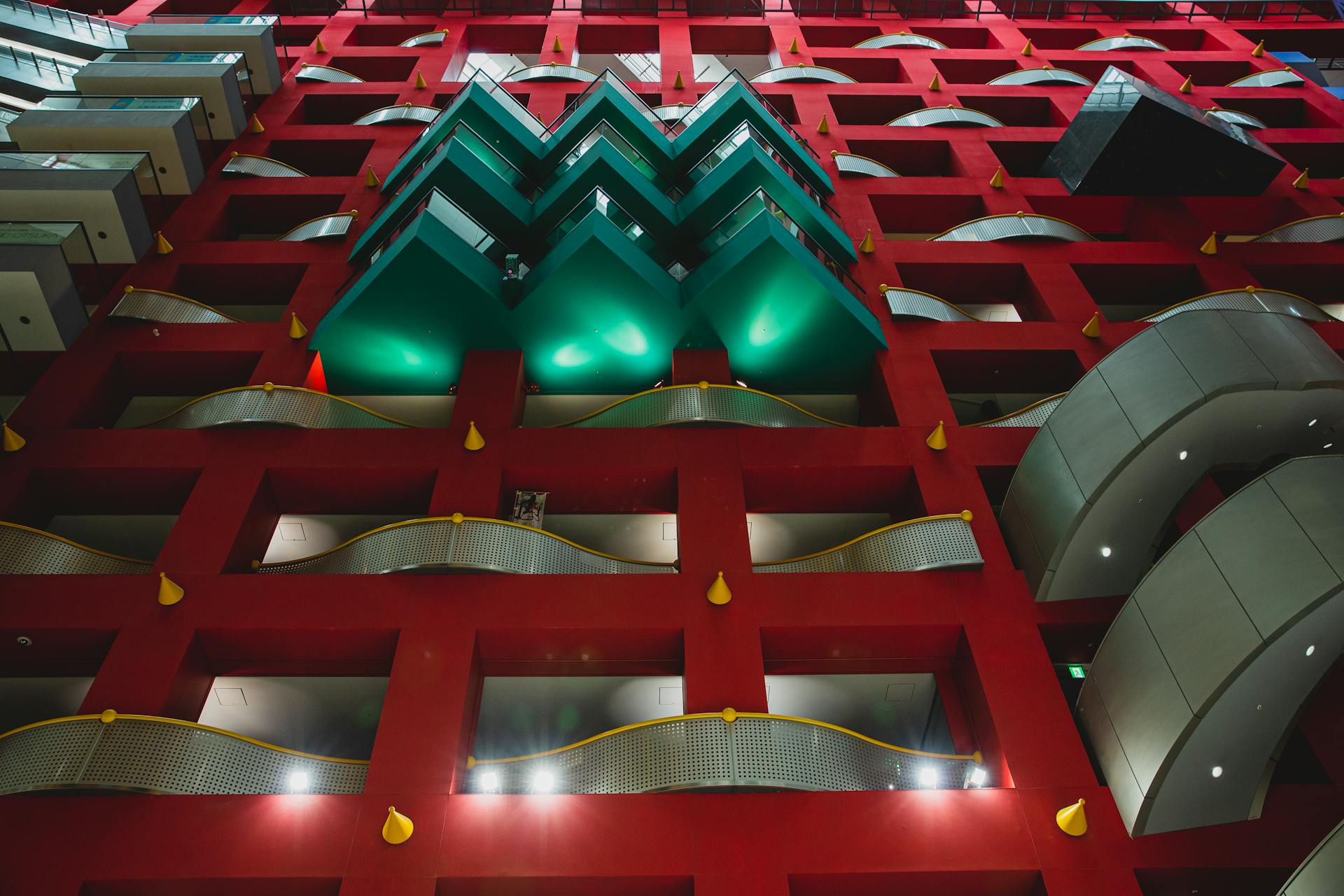 From below of geometric shapes of contemporary building of business and trade center in Osaka