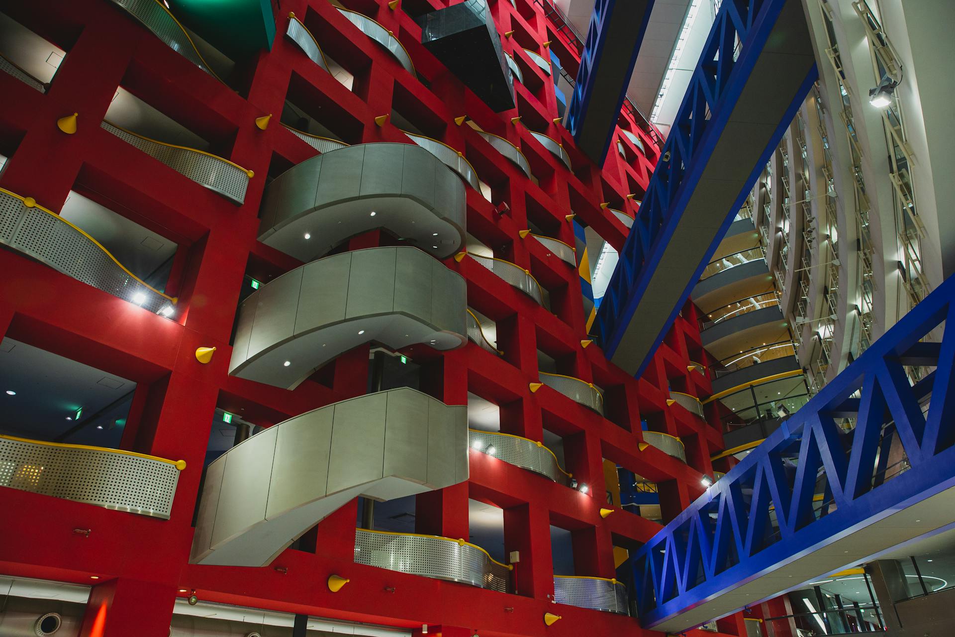 Low angle of balconies and passages on modern Asia and Pacific Trade Center in Osaka