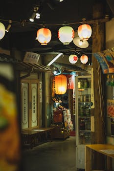 Illuminated Chinese lanterns illuminating street with shops and hieroglyphs on showcases at night