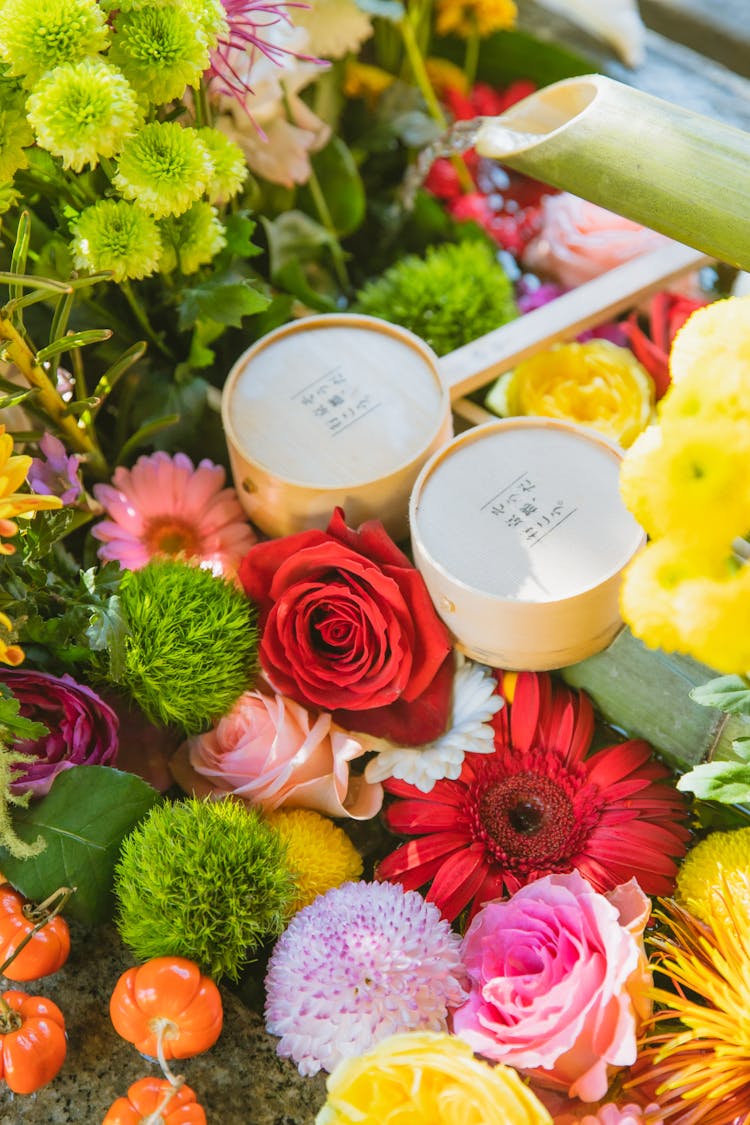 Water Basin Decorated With Fresh Flowers For Traditional Ceremony