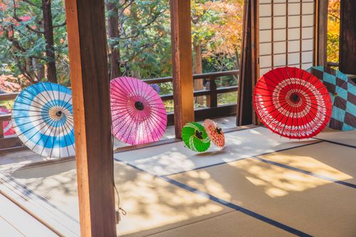Free Multicolored paper oriental umbrellas placed on floor in room and on terrace near entrances in sunny autumn day near trees Stock Photo