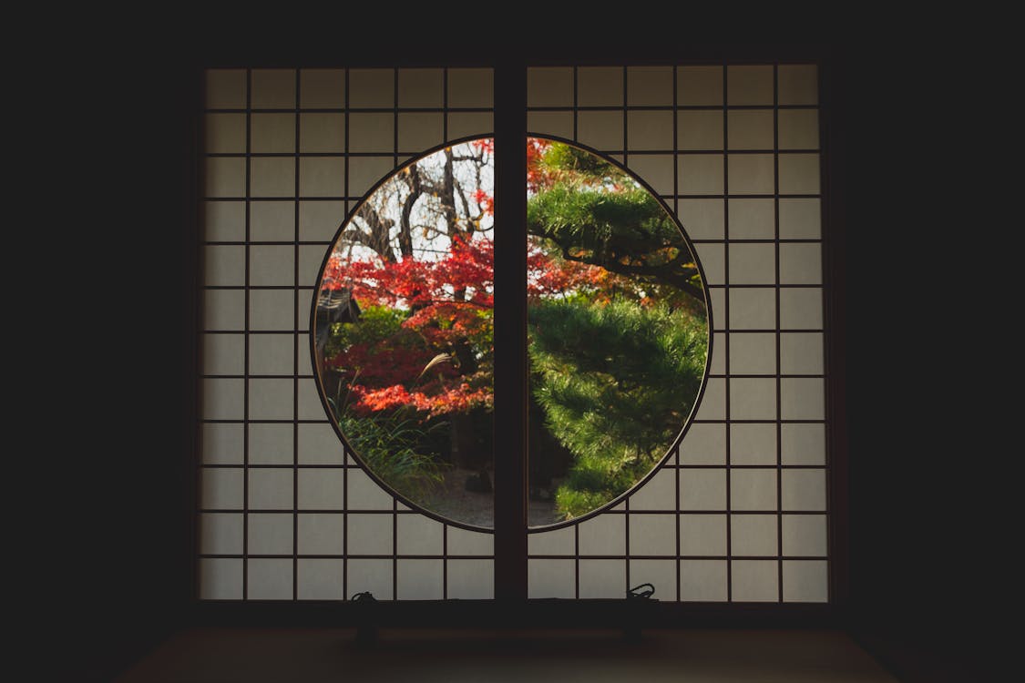 Free Window in Japanese style with view of trees in autumn Stock Photo
