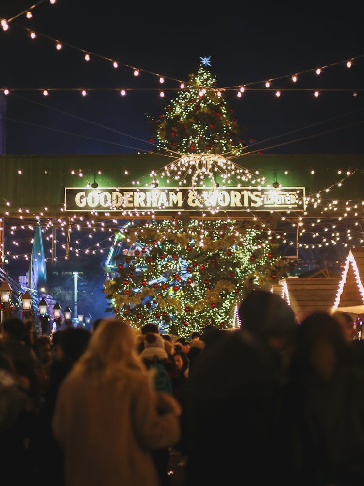 Crowd Of People On Street With Illuminated Christmas Tree