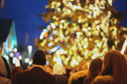 Unrecognizable people enjoying Christmas tree with lights on street