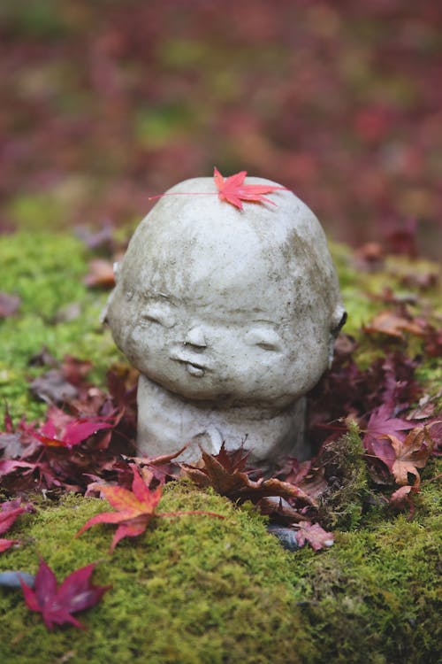 From above of religious statue in oriental style placed on mossy ground with withered leaves in Japanese garden on blurred background on