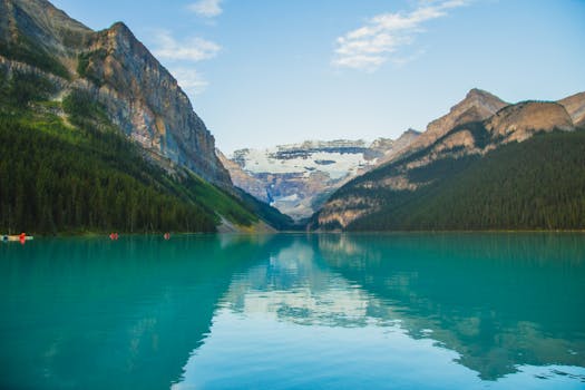 Breathtaking view of Lake Louise reflecting surrounding mountains in Banff National Park.