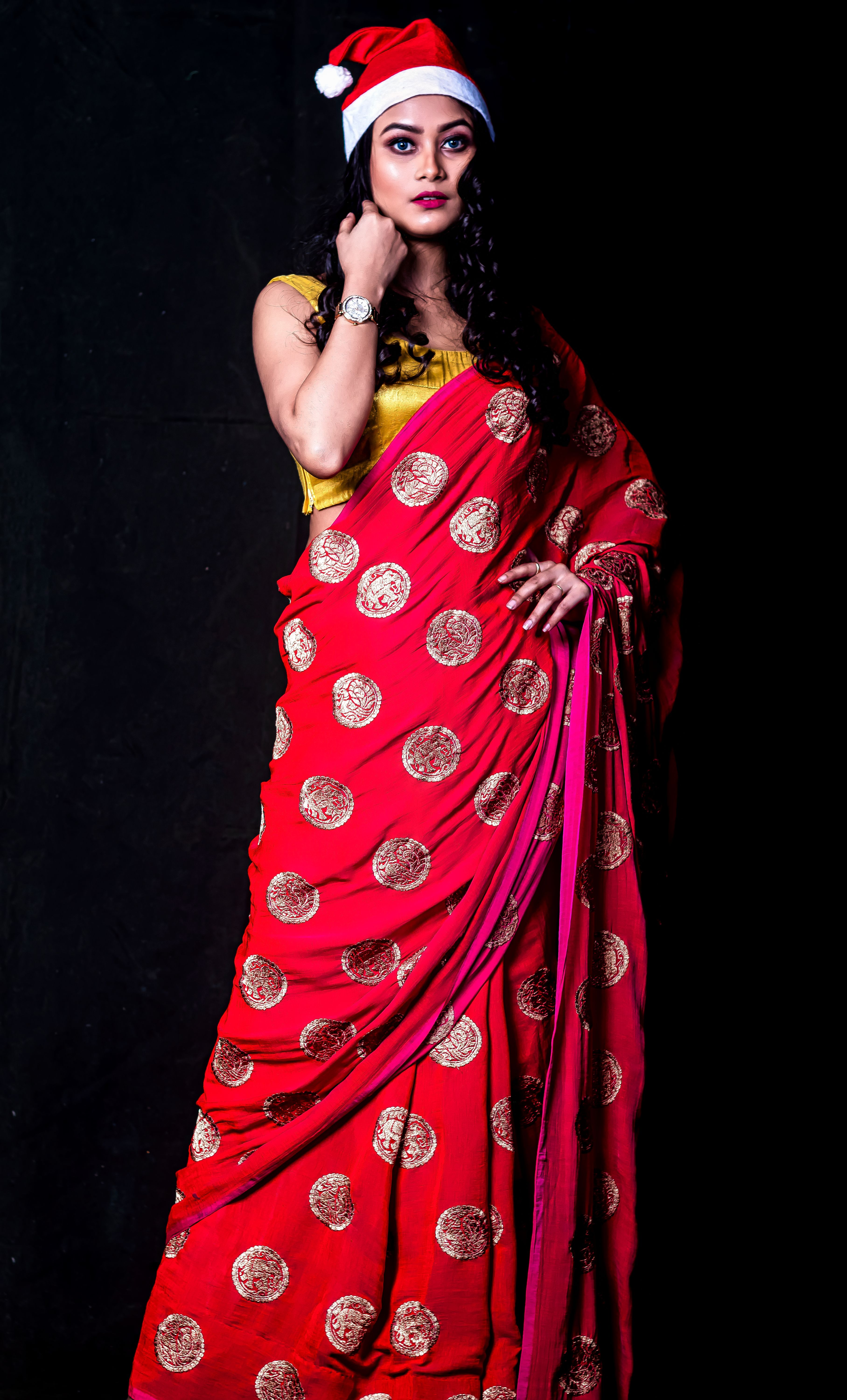 Portrait of a stylish woman in a red saree and Santa hat, showcasing festive fashion.