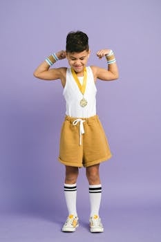 Joyful boy flexing with a medal, symbolizing victory and achievement.