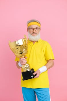 Elderly man in sportswear proudly holding a gold trophy with a pink background.