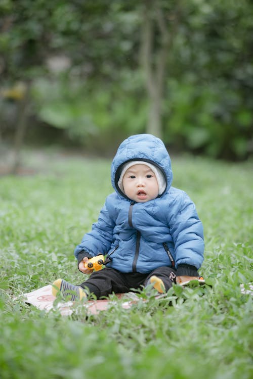 A Cute Child in Blue Jacket Sitting on the Grass