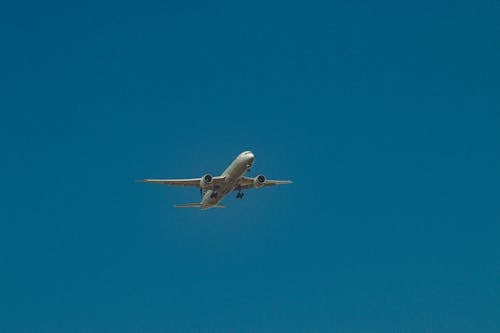 Large airplane flying in blue cloudless sky