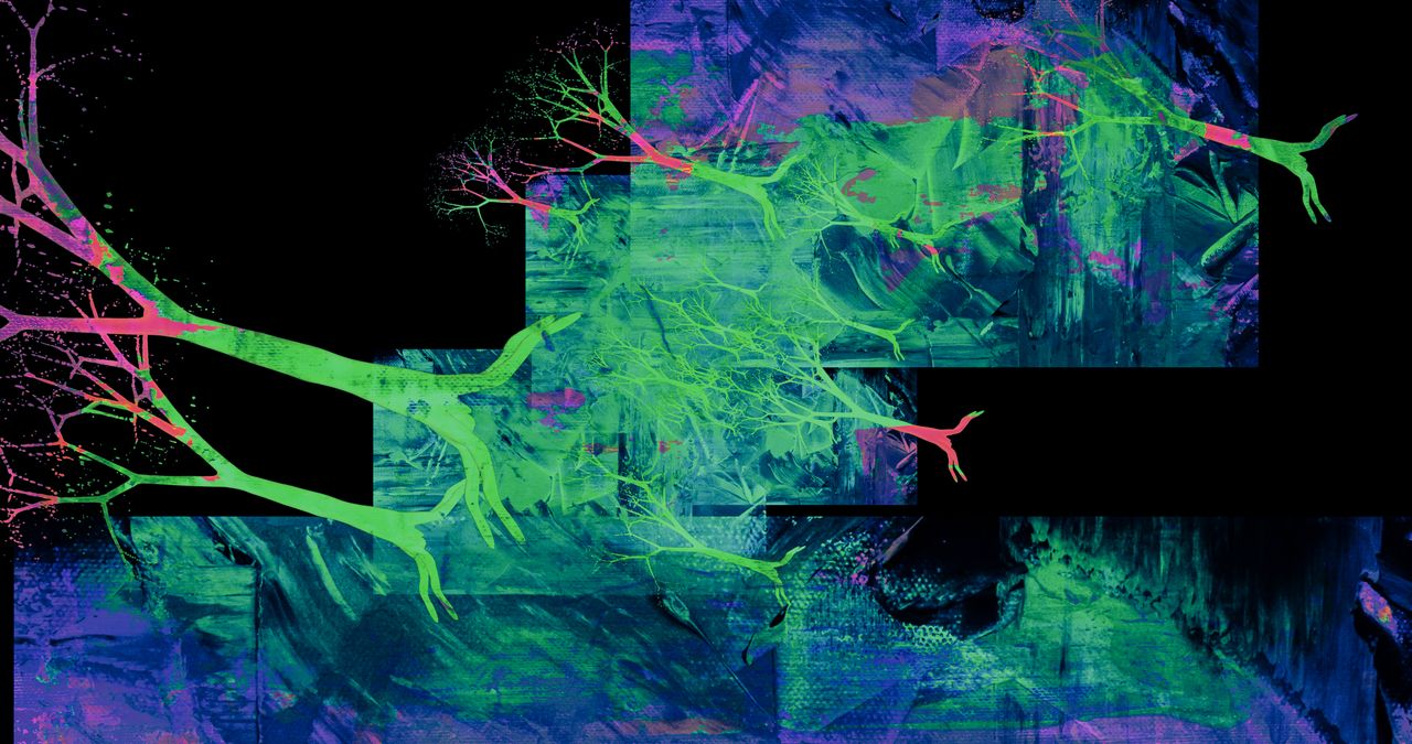 dynamic abstract painting featuring vibrant neon trees against a dark