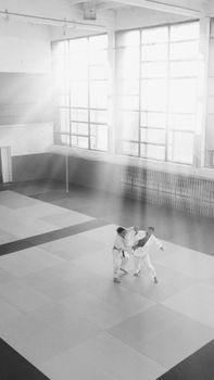 Two martial artists train in a sunlit dojo, captured in black and white.