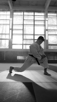 An adult practicing martial arts in a monochrome indoor setting, emphasizing focus and discipline.