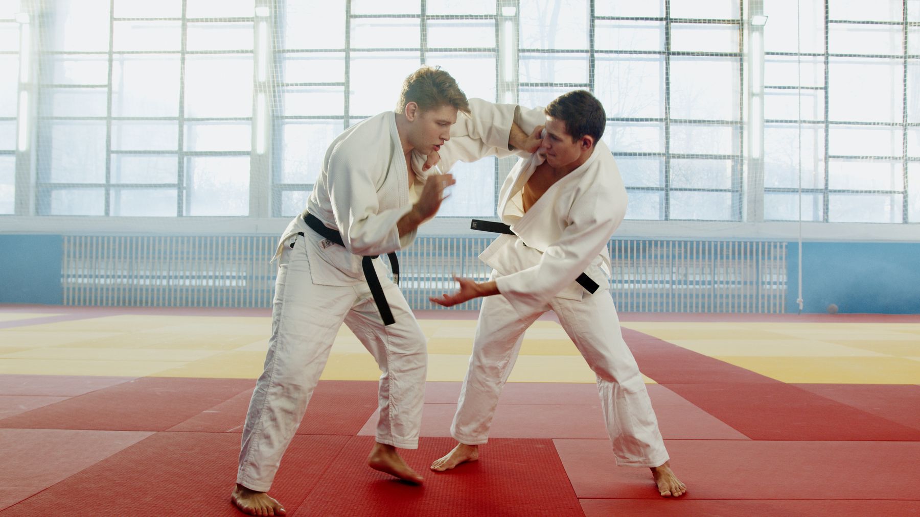 Two adult karate practitioners training together in a dojo.