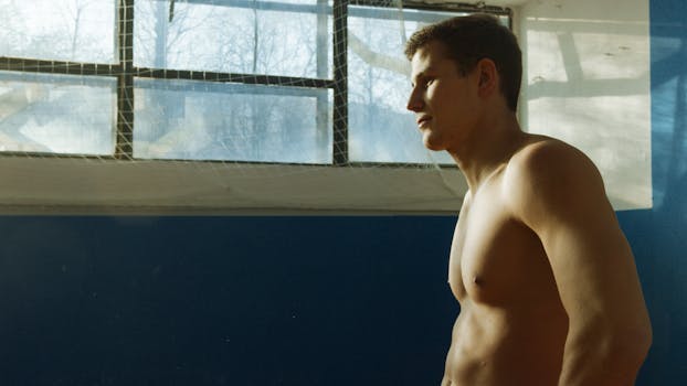 Side view of a shirtless, muscular man standing in a sunlit gym room.