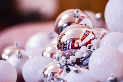 Glossy Christmas bubbles decorating room during holidays